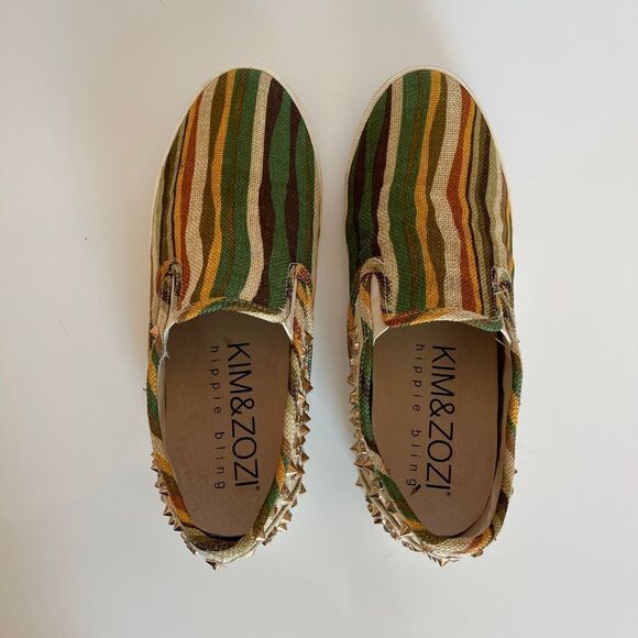 Kim & Kozi Hippie Bling Canvas Rasta Stripes Studs Sculls Loafers Sz 8 - Picture 2 of 8